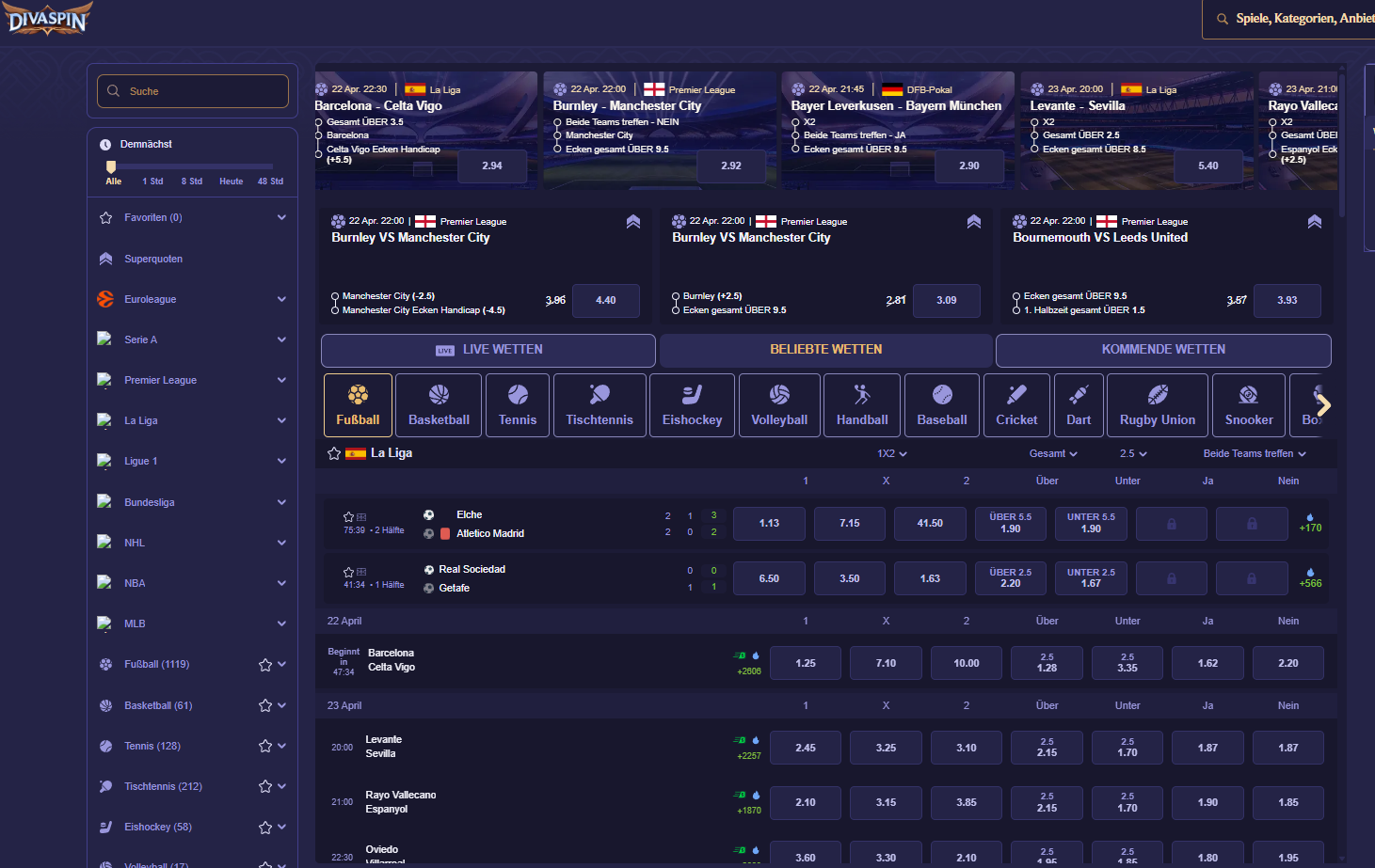 Diva Spin Casino Live Sportwetten